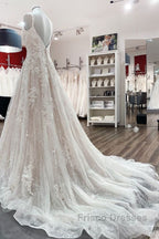 Beautiful Long A-line Tulle Lace V Neck Open Back Wedding Dress