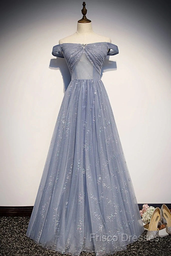 Beautiful Long Strapless Blue Tulle Beaded Long, A Line Off Shoulder Formal Prom Dress Secondary image