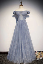 Beautiful Long Strapless Blue Tulle Beaded Long, A Line Off Shoulder Formal Prom Dress
