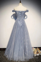 Beautiful Long Strapless Blue Tulle Beaded Long, A Line Off Shoulder Formal Prom Dress
