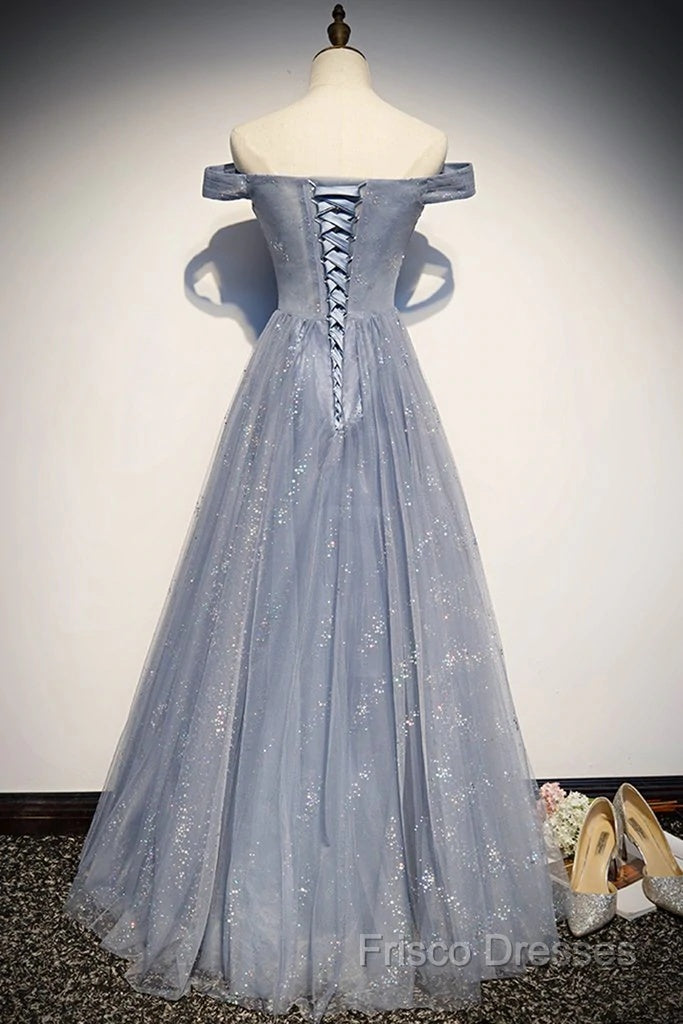 Beautiful Long Strapless Blue Tulle Beaded Long, A Line Off Shoulder Formal Prom Dress