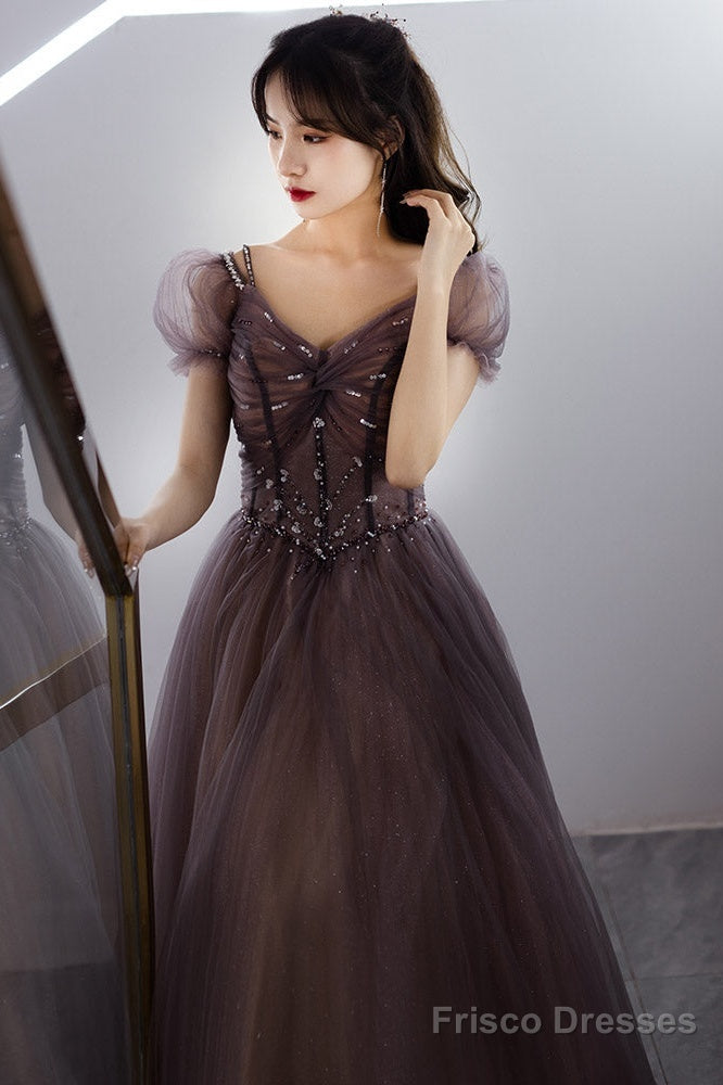 Beautiful Long Tulle Short Sleeves Beaded Junior Prom Dress, A-Line Evening Dresses