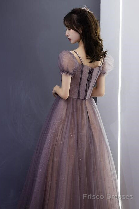 Beautiful Long Tulle Short Sleeves Beaded Junior Prom Dress, A-Line Evening Dresses