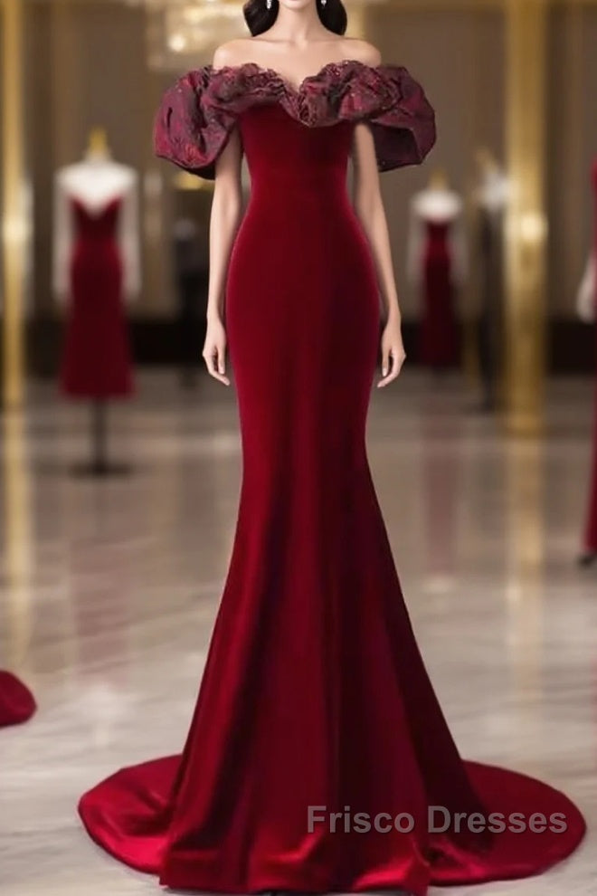 Beautiful Mermaid Off The Shoulder Long Red Formal Prom Dress