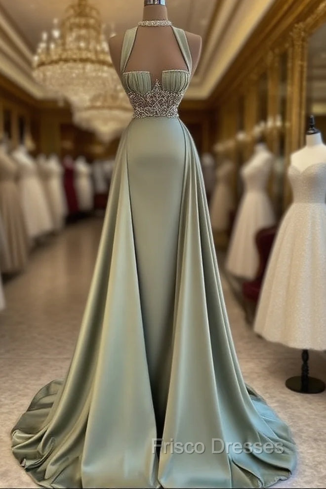 Beautiful Mermaid Sage Green Long Satin Formal Prom Dress Main image