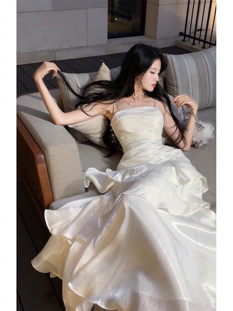 Beautiful Mermaid Spaghetti Straps Ivory Long Party Dresses Prom Dress