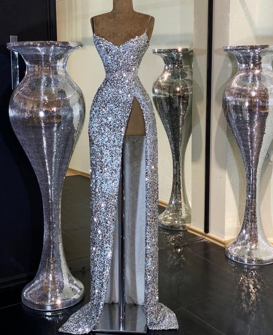 Beautiful Mermaid Spaghetti Straps Sparkly Sequins Long Prom Evening Dresses With Slit