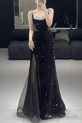 Beautiful Mermaid Straps Slit Black Long Prom Dress