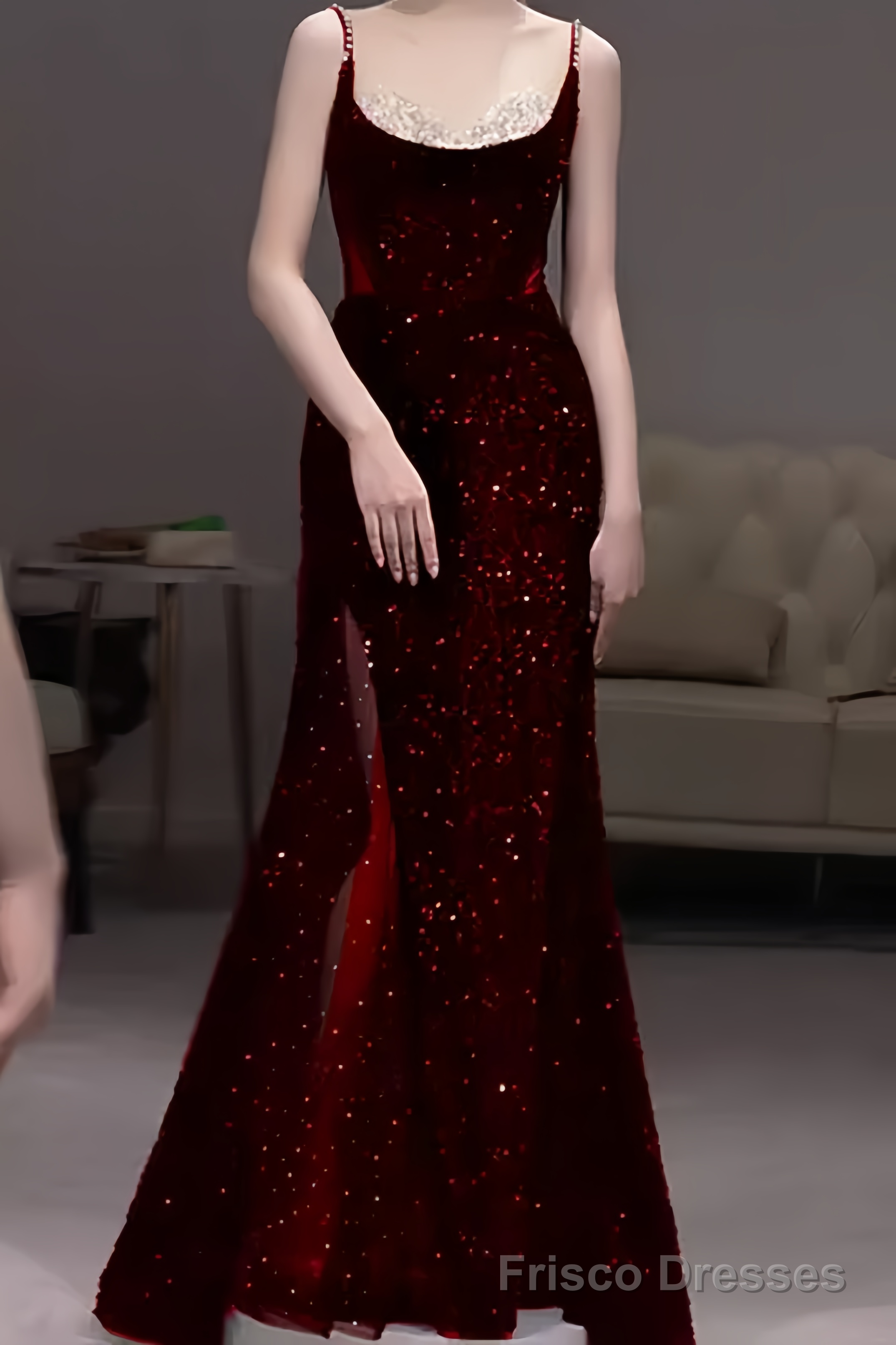 Beautiful Mermaid Straps Slit Burgundy Long Prom Dress