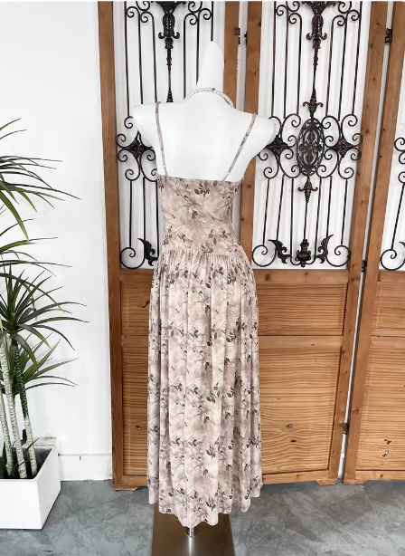 Beautiful Milk Tea Color Spaghetti Strap V-Neck Printed Satin Long Prom Dress Evening Dress