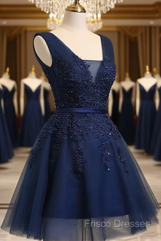 Beautiful Navy Blue Knee Length Homecoming Dress, V-Neckline Short Formal Dress Main image