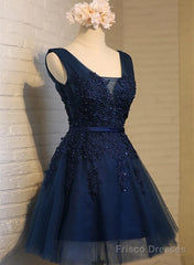 Beautiful Navy Blue Knee Length Homecoming Dresses, V-Neckline Short Formal Dresses