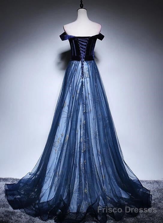 Beautiful Navy Blue Off Shoulder Long Party Dress, Long Prom Dress