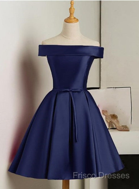 Beautiful Navy Blue Satin Knee Length Homecoming Dress, Blue Short Formal Prom Dress Secondary image
