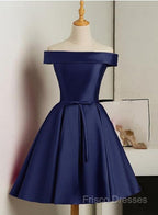 Beautiful Navy Blue Satin Knee Length Homecoming Dress, Blue Short Formal Prom Dress