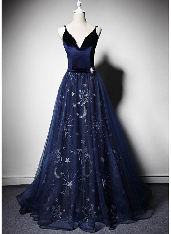 Beautiful Navy Blue Straps Velvet Long Prom Dress, Tulle Blue Evening Gown Main image