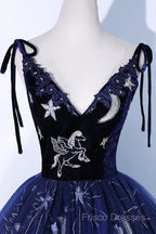 Beautiful Navy Blue Tulle Long Formal Prom Dress, Spaghetti Straps Lace Flower Backless Formal Dress