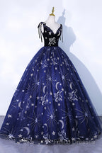 Beautiful Navy Blue Tulle Long Formal Prom Dress, Spaghetti Straps Lace Flower Backless Formal Dress