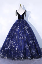 Beautiful Navy Blue Tulle Long Formal Prom Dress, Spaghetti Straps Lace Flower Backless Formal Dress