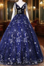 Beautiful Navy Blue Tulle Long Formal Prom Dress, Spaghetti Straps Lace Flower Backless Formal Dress