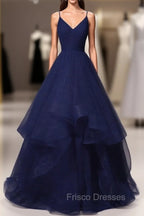 Beautiful Navy Blue Tulle V-neckline Straps Long Party Dress, Blue Formal Gown