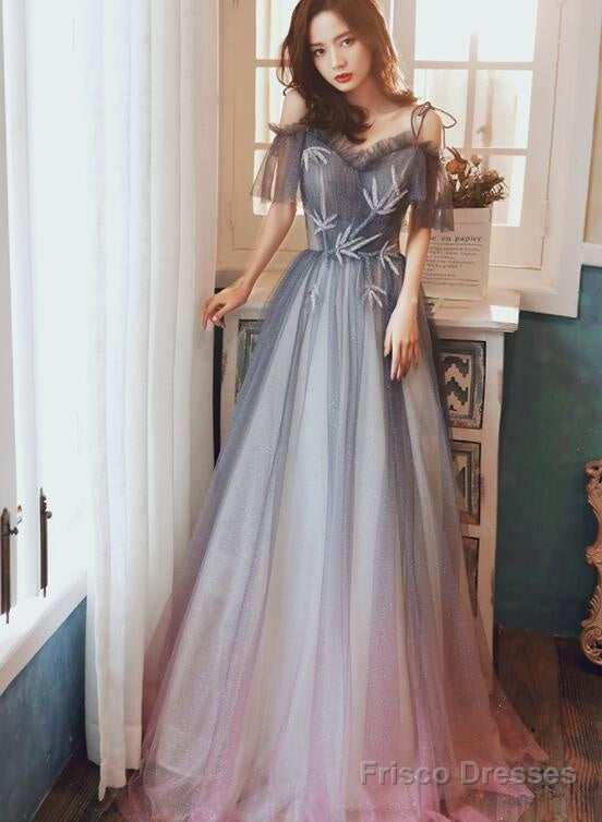 Beautiful Off Shoulder Gradient Shiny Tulle Party Dress, A-Line Tulle Prom Dresses Main image