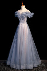 Beautiful Off Shoulder Puffy Sleeves Beaded Party Dress Formal Prom Dress, Blue Evening Gown