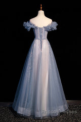 Beautiful Off Shoulder Puffy Sleeves Beaded Party Dress Formal Prom Dress, Blue Evening Gown