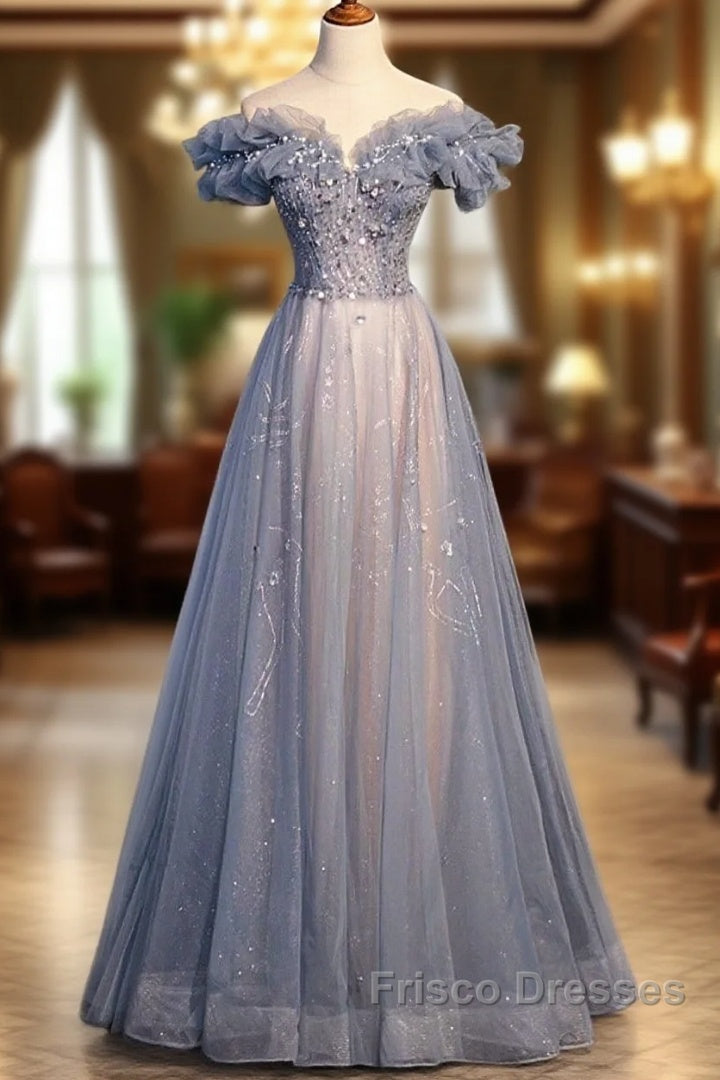 Beautiful Off Shoulder Puffy Sleeves Beaded Party Dress Formal Prom Dress, Blue Evening Gown Main image