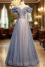 Beautiful Off Shoulder Puffy Sleeves Beaded Party Dress Formal Prom Dress, Blue Evening Gown
