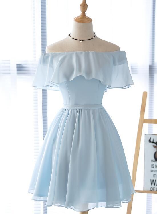 Beautiful Off Shoulder Simple Short Bridesmaid Dress, Lovely Blue Chiffon Party Dress Main image