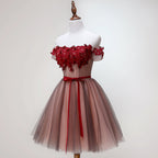 Beautiful Off Shoulder Tulle Knee Length Party Dress , Red Homecoming Dress With Applique