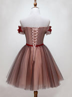 Beautiful Off Shoulder Tulle Knee Length Party Dress , Red Homecoming Dress With Applique