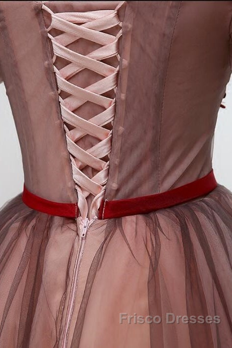 Beautiful Off Shoulder Tulle Knee Length Party Dress , Red Homecoming Dress With Applique