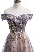 Beautiful Off Shoulder Tulle With Lace Long Evening Gown, Floor Length Formal Prom Dress