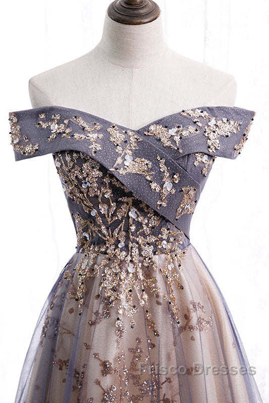 Beautiful Off Shoulder Tulle With Lace Long Evening Gown, Floor Length Formal Prom Dress