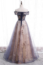 Beautiful Off Shoulder Tulle With Lace Long Evening Gown, Floor Length Formal Prom Dress