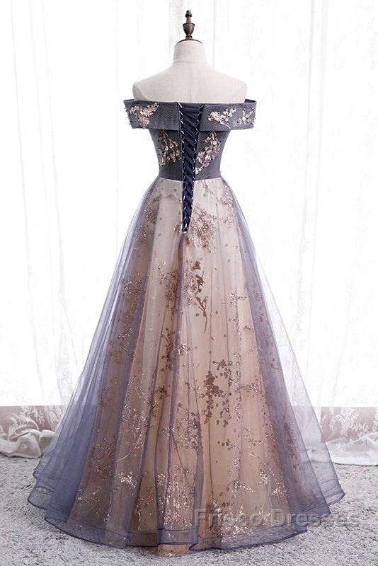 Beautiful Off Shoulder Tulle With Lace Long Evening Gown, Floor Length Formal Prom Dress