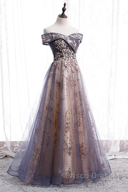 Beautiful Off Shoulder Tulle With Lace Long Evening Gown, Floor Length Formal Prom Dress