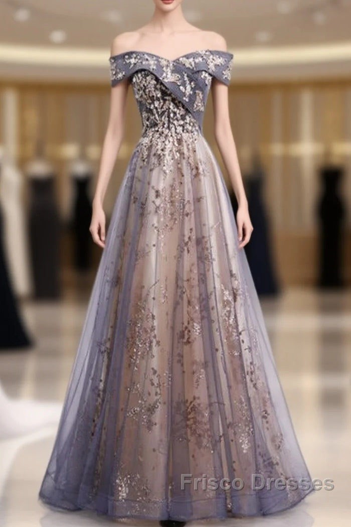 Beautiful Off Shoulder Tulle With Lace Long Evening Gown, Floor Length Formal Prom Dress Main image