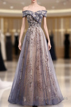 Beautiful Off Shoulder Tulle With Lace Long Evening Gown, Floor Length Formal Prom Dress