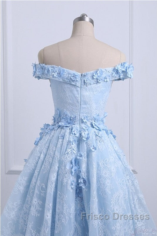 Beautiful Off The Shoulder Blue Formal Prom Dress Lace Applique, High Low Formal Prom Dress Secondary image