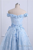 Beautiful Off The Shoulder Blue Formal Prom Dress Lace Applique, High Low Formal Prom Dress