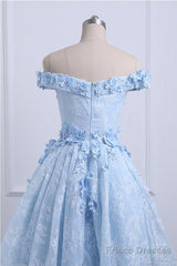 Beautiful Off The Shoulder Blue Prom Dresses Lace Applique,  High Low Prom Dress