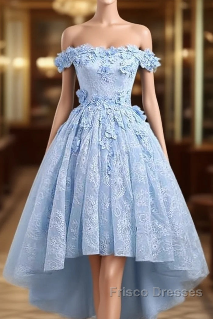 Beautiful Off The Shoulder Blue Formal Prom Dress Lace Applique, High Low Formal Prom Dress Main image
