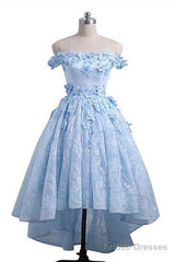 Beautiful Off The Shoulder Blue Prom Dresses Lace Applique,  High Low Prom Dress