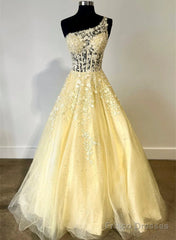 Beautiful One Shoulder Yellow Tulle With Lace Party Dress, Yellow Prom Dress