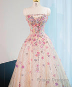 Beautiful Pink Beaded Flowers A-Line Strapless Long Formal Prom Dress Gorgeous Formal Evening Dress