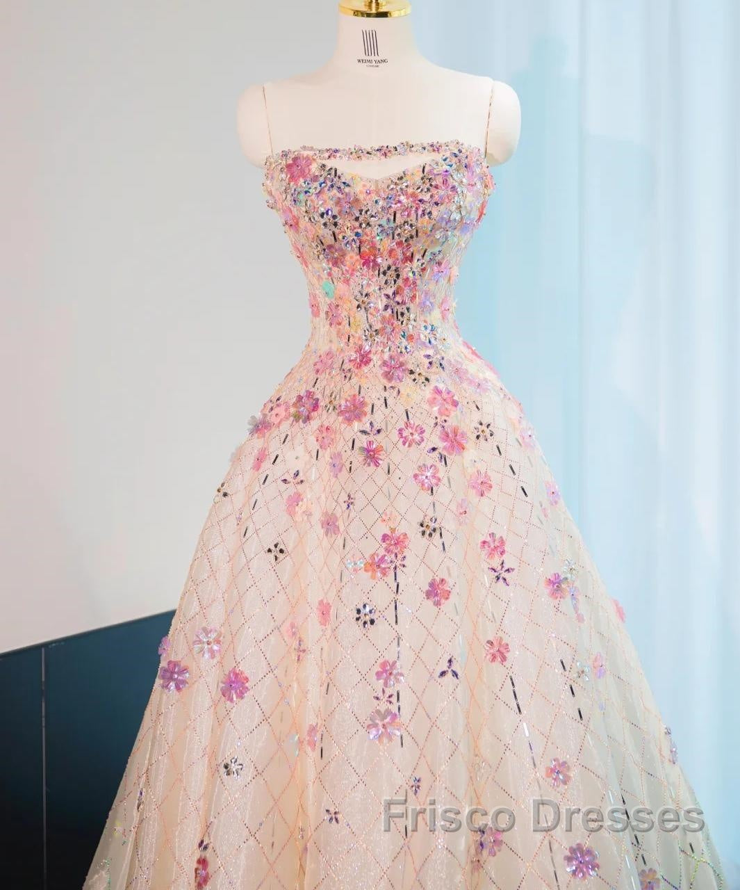 Beautiful Pink Beaded Flowers A-Line Strapless Long Formal Prom Dress Gorgeous Formal Evening Dress