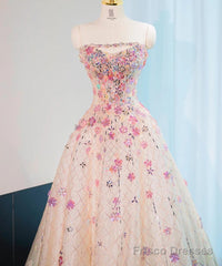 Beautiful Pink Beaded Flowers A-Line Strapless Long Prom Dress Gorgeous Formal Evening Dress